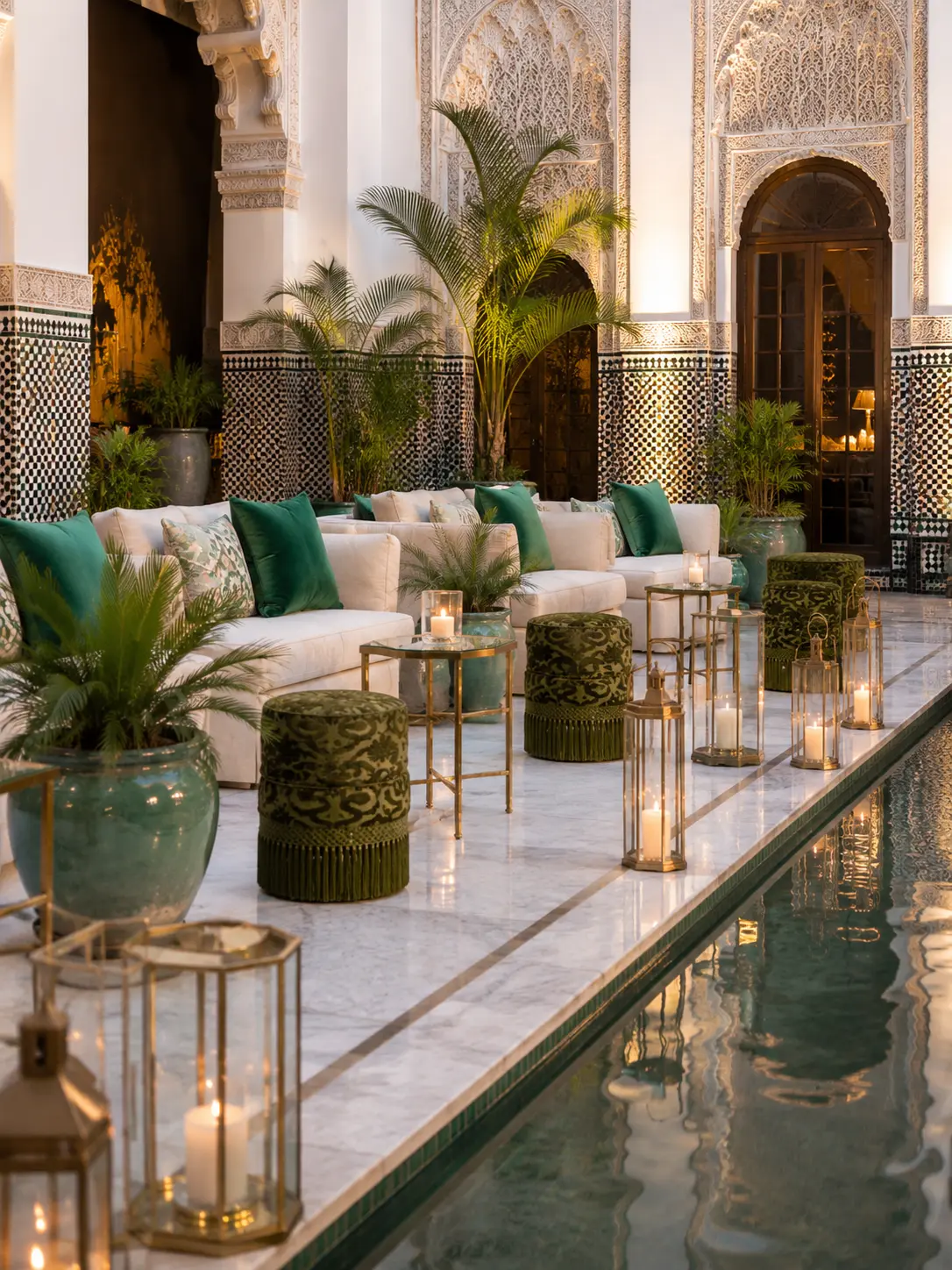 Gala Dinner Vegetal Garden at the patio of the Oberoi Marrakech — purple vanda orchids and anthuriums on white plinths above the emerald reflecting pool, ivory lounges and brass lanterns, produced by SBAI Events Production