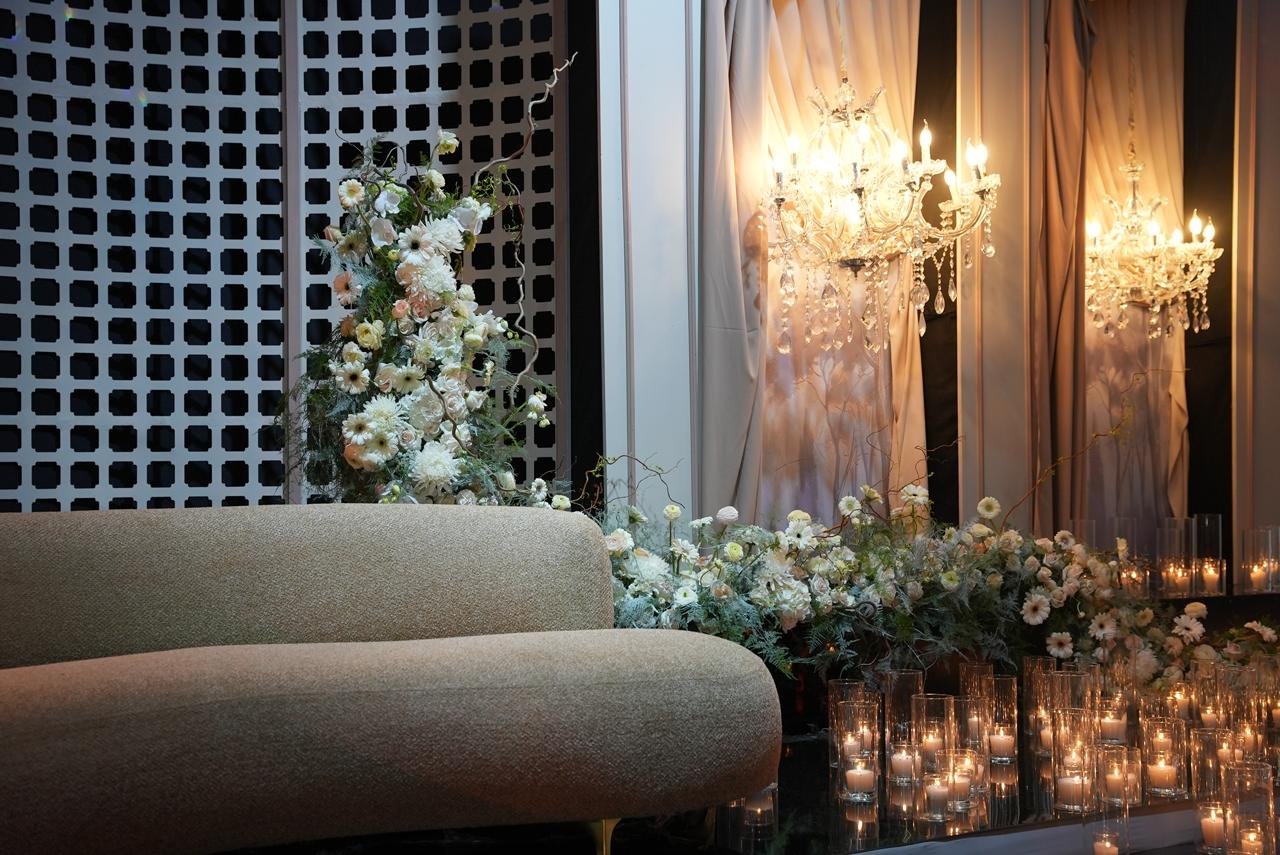 Luxury wedding at Palace Layali in Casablanca — floral installations, candlelight and refined tablescapes, produced by SBAI Events Production