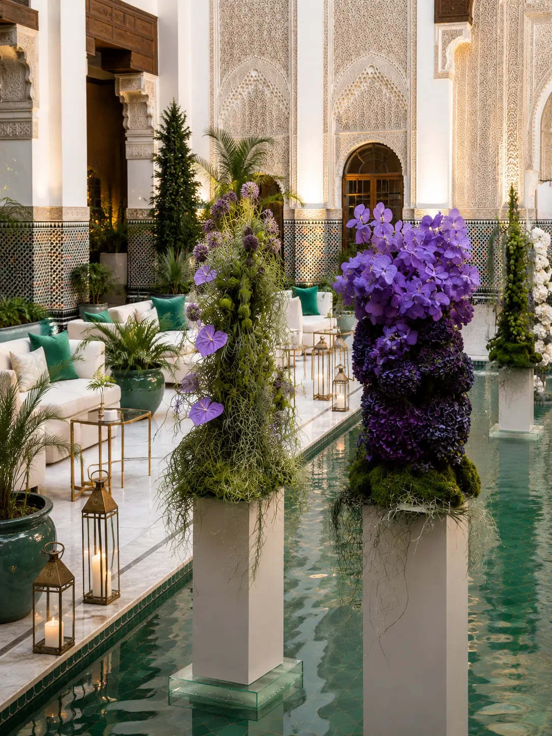 Gala Dinner Vegetal Garden at the patio of the Oberoi Marrakech — purple vanda orchids and anthuriums on white plinths above the emerald reflecting pool, ivory lounges and brass lanterns, produced by SBAI Events Production